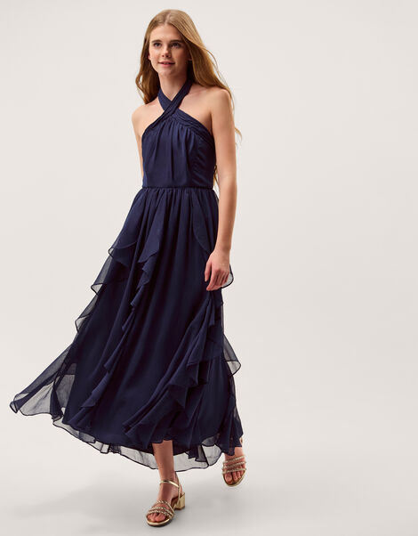 Arizona Halter Ruffle Prom Dress, Blue (NAVY), large