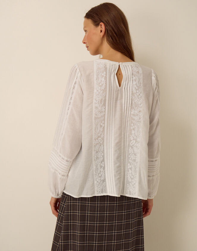 Vita Floral Embroidered Pintuck Top, White (WHITE), large