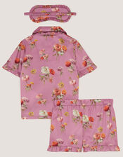 Floral Satin Short Pyjamas & Eye Mask Set, Purple (LILAC), large