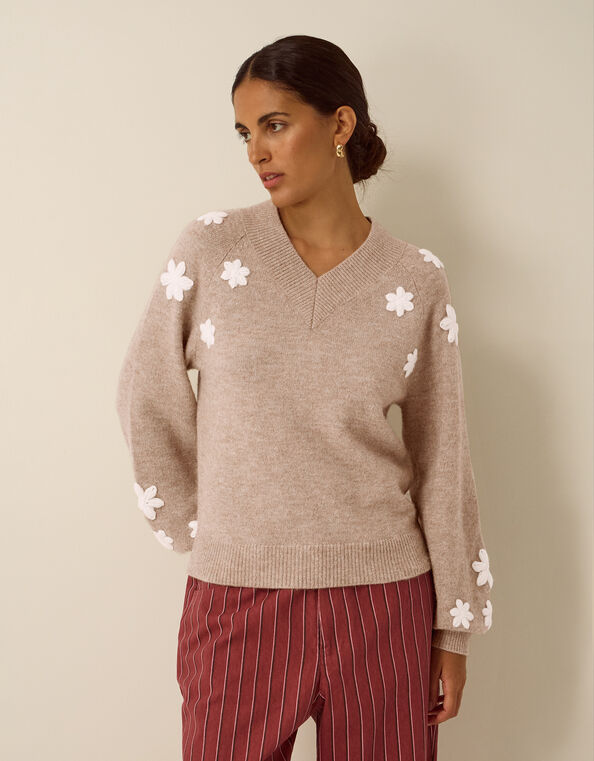 Emily Floral Embroidered Sweater, Mink (MINK), large