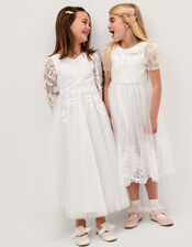 Athena Puff Sleeve Floral Communion Dress, White (WHITE), large