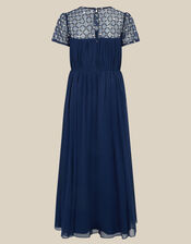 Keira Beaded Short Sleeve Prom Dress, Blue (NAVY), large