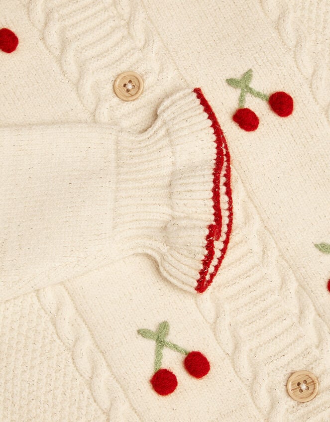 Cherry Embroidered Cable Knit Cardigan, Ivory (IVORY), large