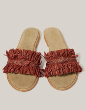 Rhia Leather Raffia Slide Sandals, Orange (RUST), large