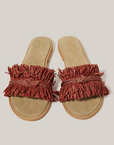Rhia Leather Raffia Slide Sandals, Orange (RUST), large