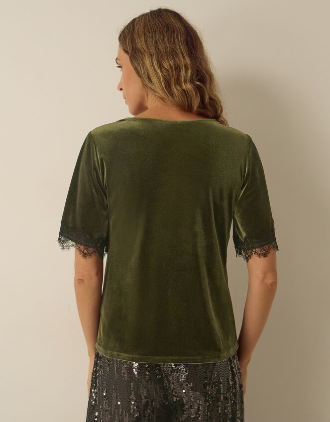 Vina Lace Trim Velvet Top, Green (KHAKI), large