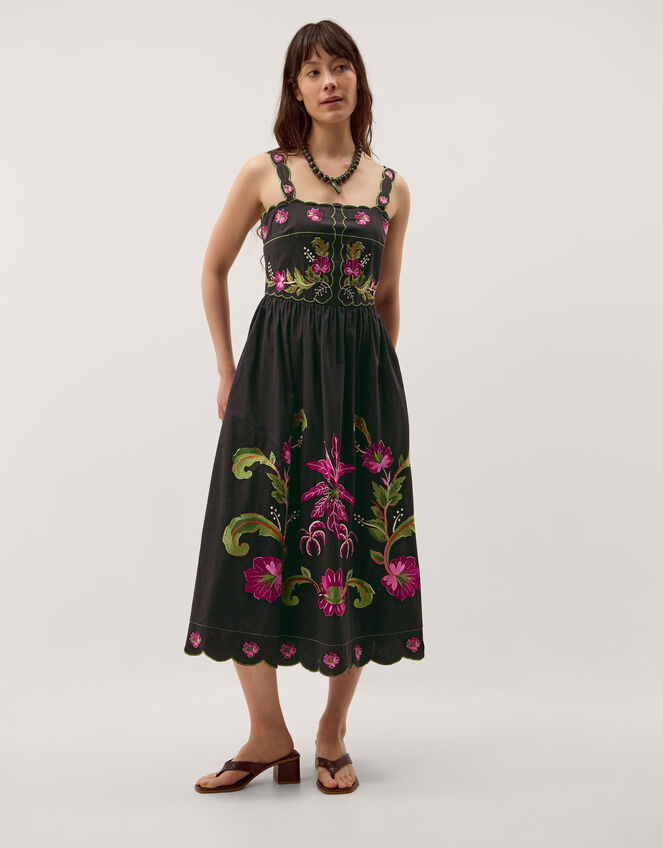 Eleni Floral Embroidered Midi Dress, Black (BLACK), large