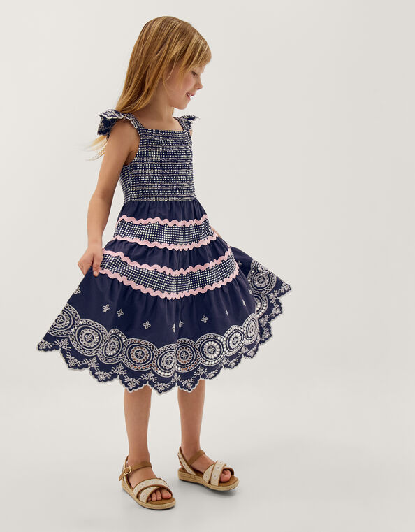 Broderie Smocked Jersey Dress, Blue (NAVY), large