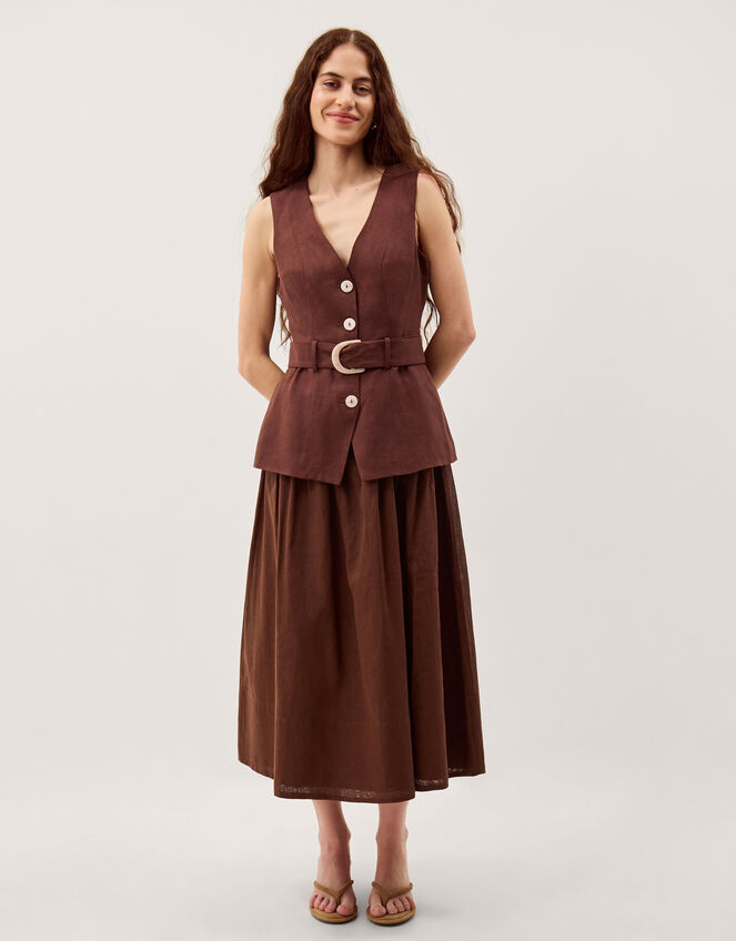 Margot Belted Linen Blend Midi Dress, Brown (CHOCOLATE), large