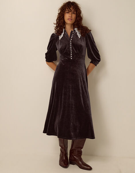 Leith Lace Collar Velvet Midi Dress, Brown (CHOCOLATE), large