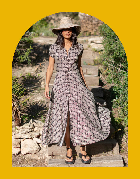 Lyrical Sisters Printed Maxi Shirt Dress, Black (BLACK), large