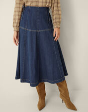 Macy Tie Side Denim Midi Skirt, Blue (MID AUTHENTIC BLUE), large