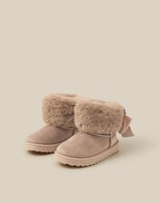 Velvet Bow Fluffy Ankle Boots, Brown (TAUPE), large