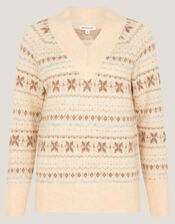 Febe V-Neck Fair Isle Sweater, Ivory (IVORY), large