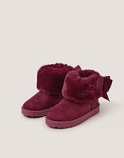 Velvet Bow Fluffy Ankle Boots, Red (BURGUNDY), large