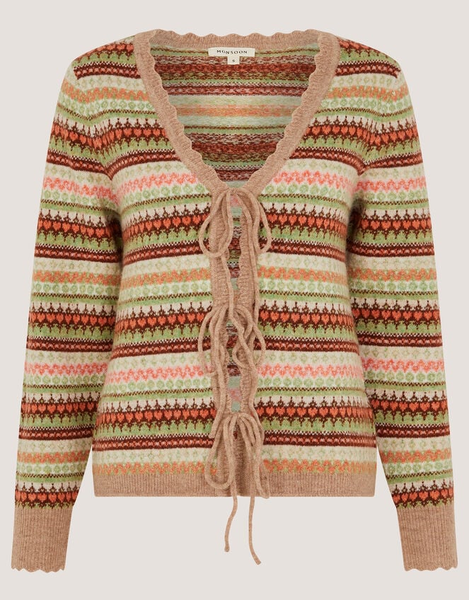 Fran Front Tie Fair Isle Cardigan, Natural (NATURAL), large
