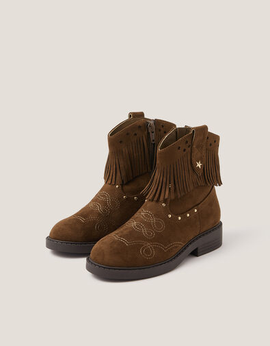 Fringe Faux Suede Cowboy Boots, Tan (TAN), large