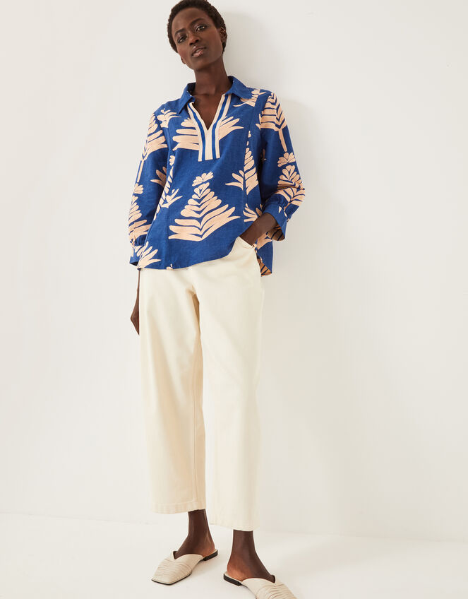 Pamela Linen Blend Leaf Print Top, Blue (COBALT), large