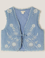 Embroidered Chambray Waistcoat, Blue (BLUE), large