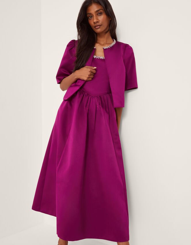 Saira Embellished Sleeveless Satin Midi Dress, Pink (MAGENTA), large