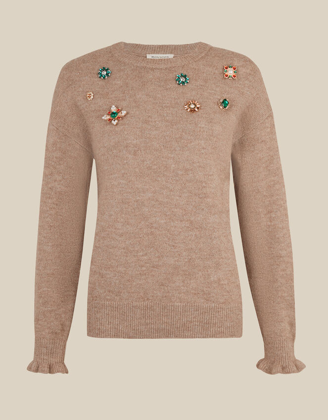Britt Brooch Crew Neck Jumper, Mink (MINK), large