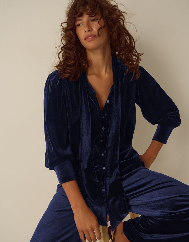 Tessa Neck Tie Velvet Shirt, Blue (MIDNIGHT), large