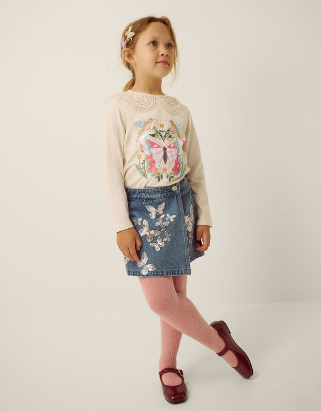 Butterfly Sequin Denim Skort, Blue (BLUE), large