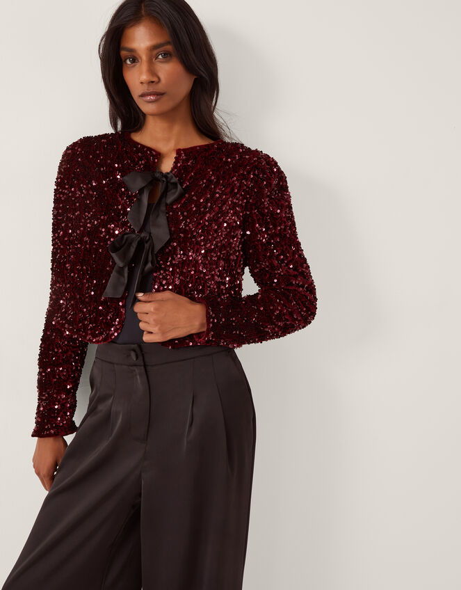 Belinda Bow Sequin Jacket, Red (BERRY), large
