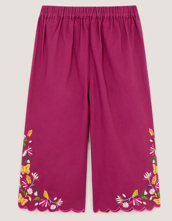 Floral Embroidered Scallop Trim Trousers, Pink (MAGENTA), large