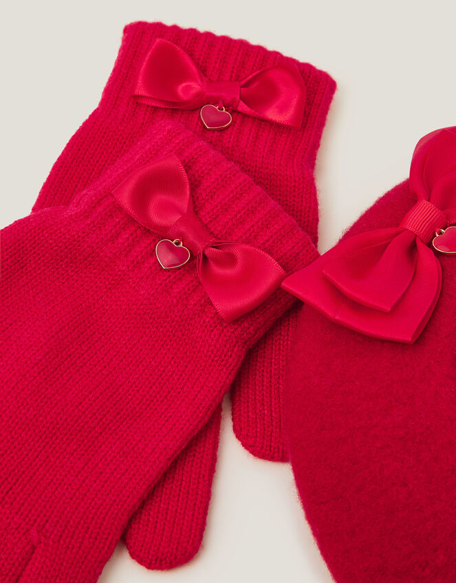 Bow Wool Beret & Gloves Set, Red (RED), large