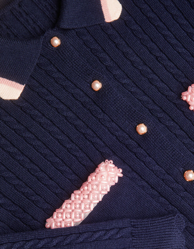 Embellished Cable Knit Cardigan, Blue (NAVY), large