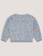 Floral Scallop Collar Denim Jacket, Blue (BLUE), large
