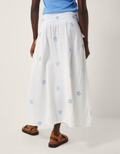 Daisy Embroidered Floral Midi Skirt, White (WHITE), large