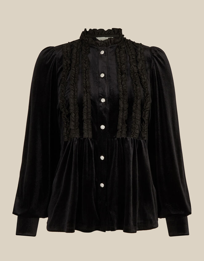 Ruby Long Sleeve Ruffle Velvet Top, Black (BLACK), large