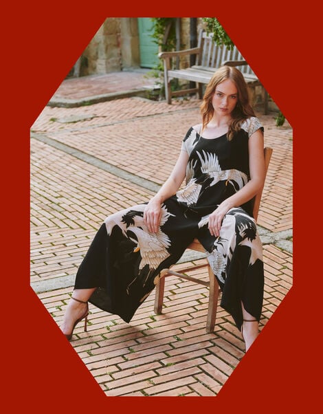 One Hundred Stars Stork Print Wide Leg Jumpsuit, , large