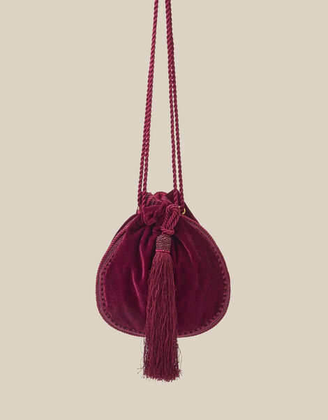 Hope Tassel Velvet Pouch Bag, Red (BURGUNDY), large