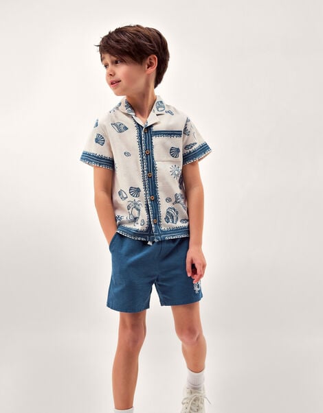Shell Print Shirt & Shorts Set, Blue (NAVY), large
