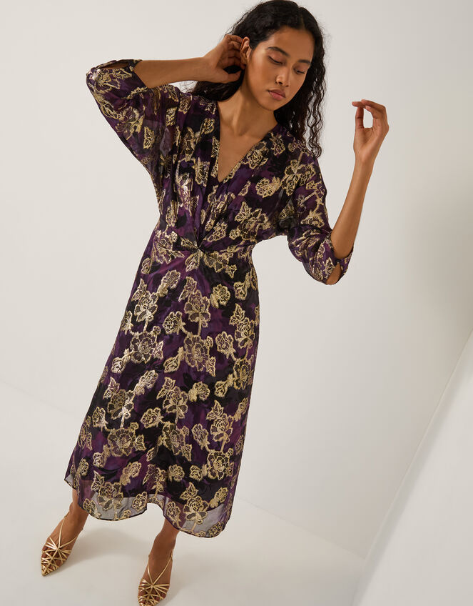 Georgie Metallic Floral Midi Dress, Purple (PURPLE), large