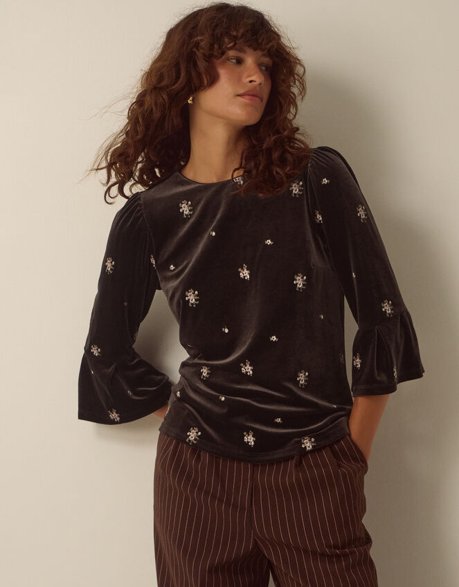 Emilee Flute Sleeve Embroidered Velvet Top, Brown (CHOCOLATE), large
