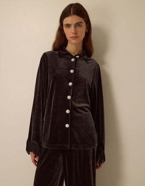 Tami Fringe Cuff Velvet Shirt, Brown (CHOCOLATE), large