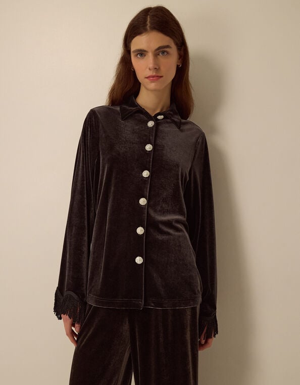 Tami Fringe Cuff Velvet Shirt, Brown (CHOCOLATE), large