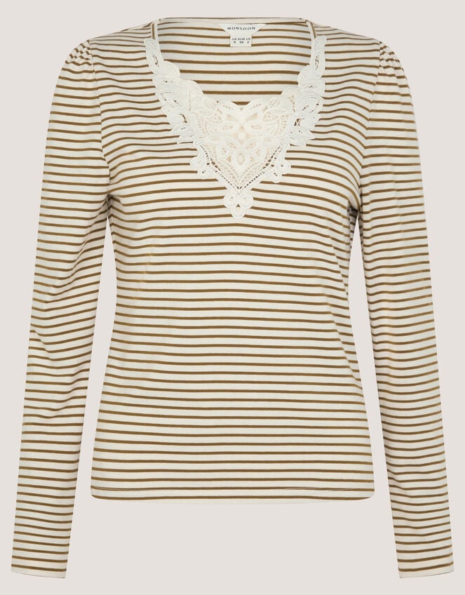 Lauren Lace Stripe Jersey Top, Ivory (IVORY), large