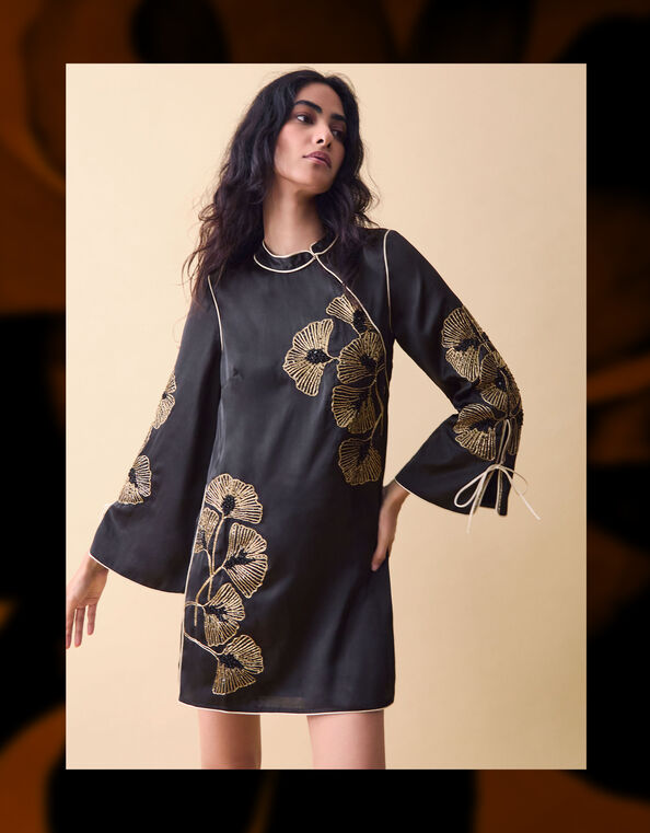 Clemence Alise Floral Embellished Mini Dress, Black (BLACK), large