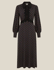 Sally Lace Polka Dot Jersey Midi Dress, Black (BLACK), large