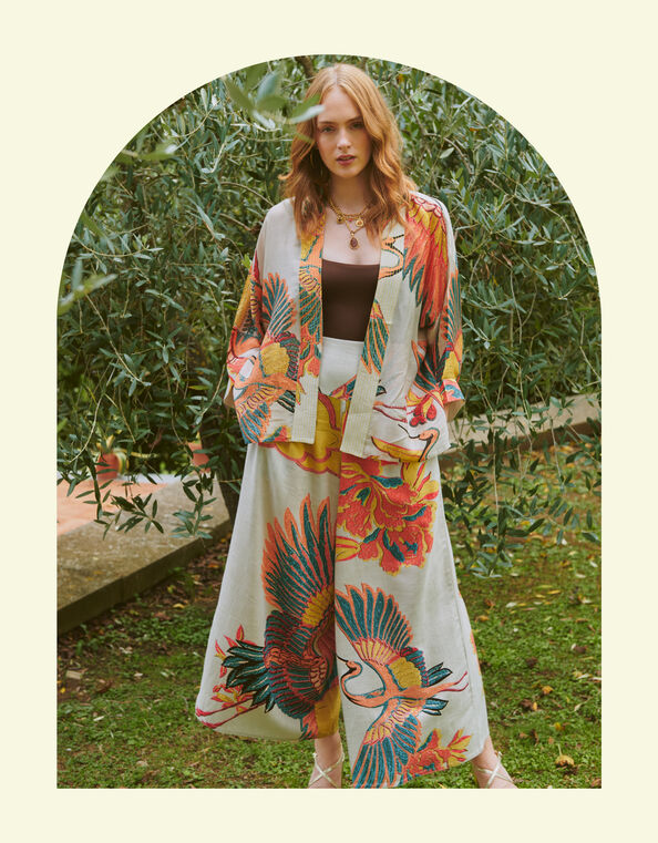 One Hundred Stars Crane Print Trousers, Natural (STONE), large