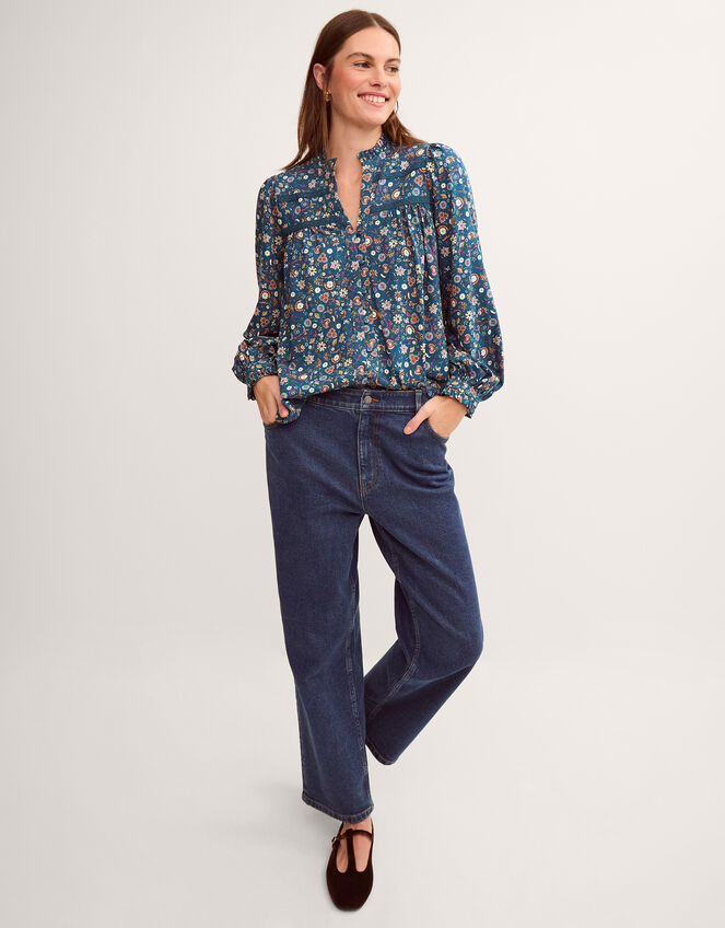 Francine Floral Jersey Blouse, Teal (TEAL), large