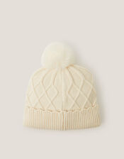 Bow Pom-Pom Beanie Hat, Ivory (IVORY), large