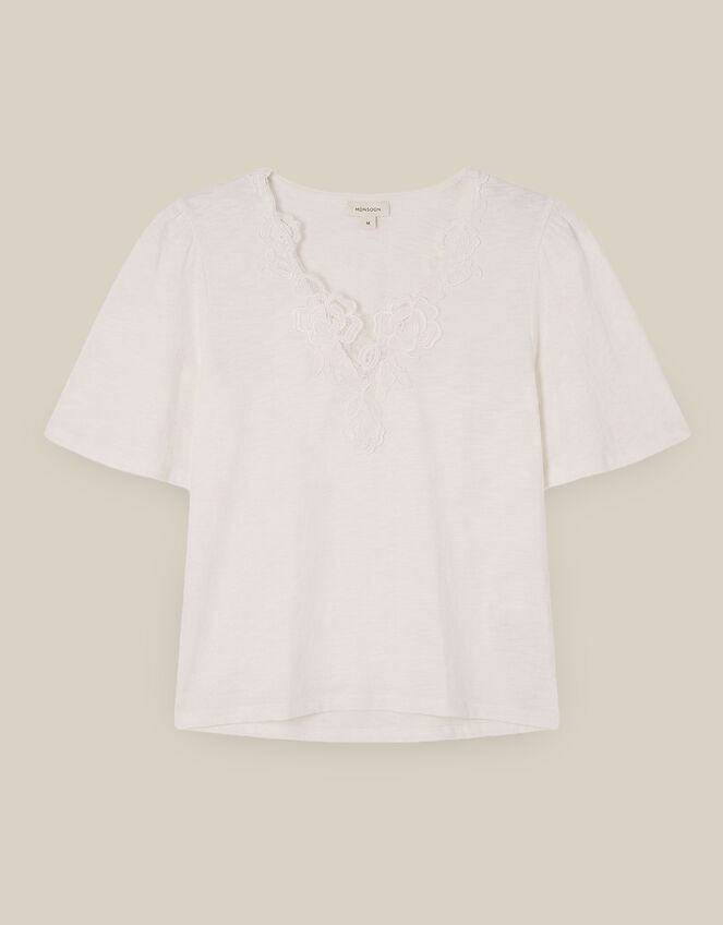 Layla V-Neck Lace Jersey Top, Ivory (IVORY), large