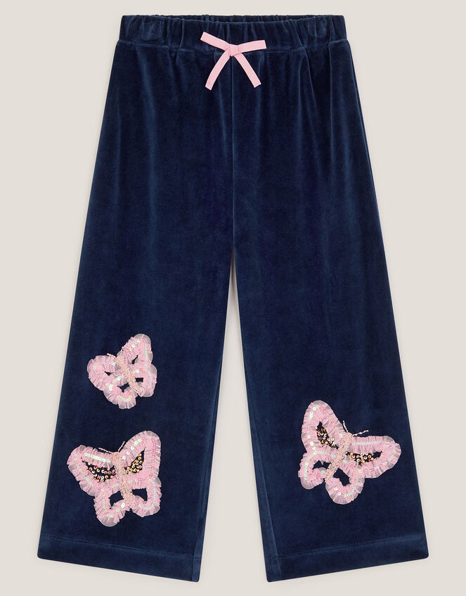 Butterfly Embellished Wide Leg Trousers, Blue (NAVY), large