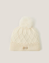 Bow Pom-Pom Beanie Hat, Ivory (IVORY), large